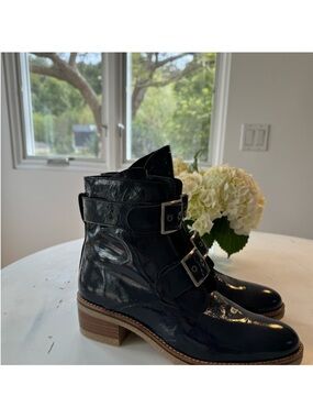 Eric Michael Black Patent Buckle Combat Boots